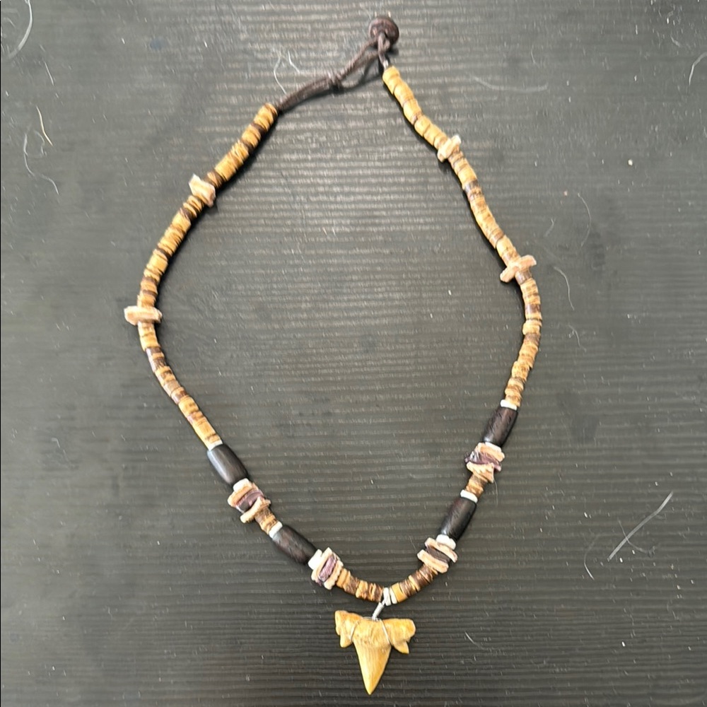 Brown Beaded Necklace with Shark Tooth Pendant